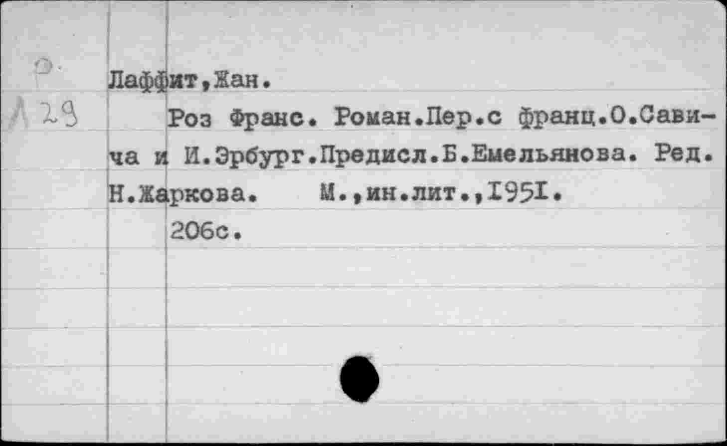 ﻿й		Роз Франс. Роман.Пер.с франц.0.Сави
	ча и	И.Эрбург.Предисл.Б.Емельянова. Ред
	Н.Жаркова.	М.,ин.лит.»1951«	
		206с.